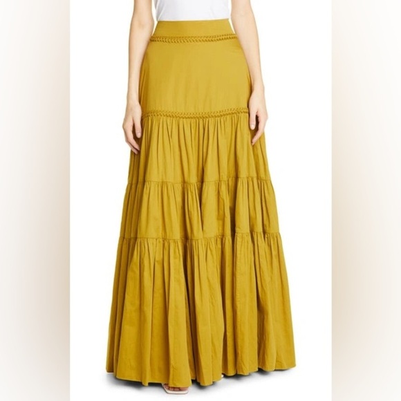 AJE  CASABLANCA BRAIDED TIERED MAXI SKIRT IN OLIVE GREEN boho quiet luxury - Picture 4 of 13